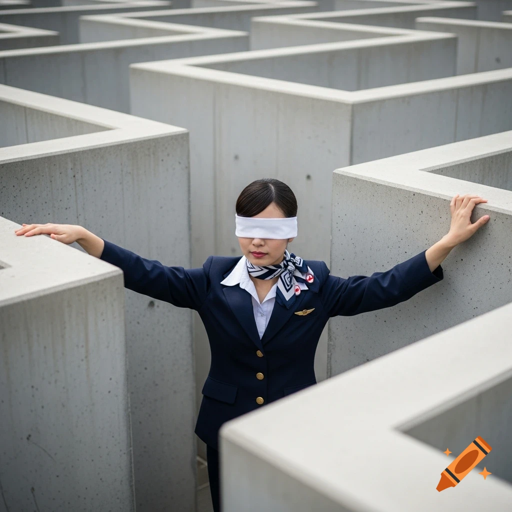 Blindfolded female flight attendant navigating a giant concrete maze, feeling walls with outstretched hands. Photorealistic.