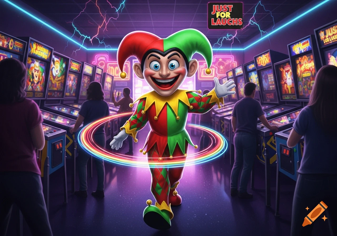 A cartoon jester mascot with a red and green costume stands in a vibrant arcade with neon lights and people playing pinball machines. A "Just For Laughs" logo is at the top.