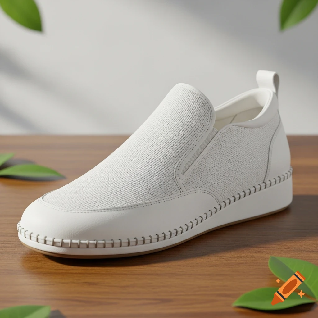 A single white slip-on shoe with textured fabric and stitching on a wooden table with green leaves.