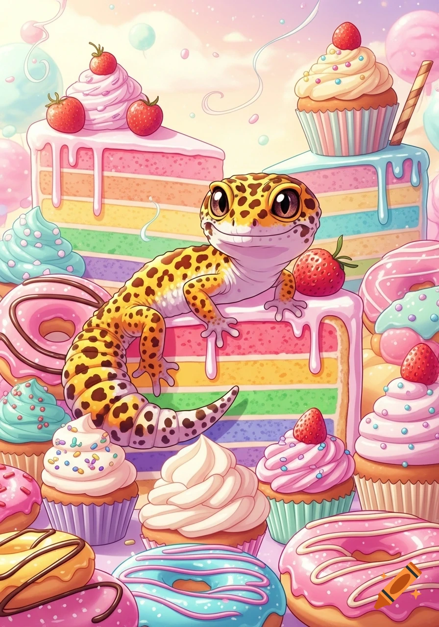 An adorable cartoon leopard gecko on a rainbow cake slice, surrounded by colorful cupcakes and donuts.