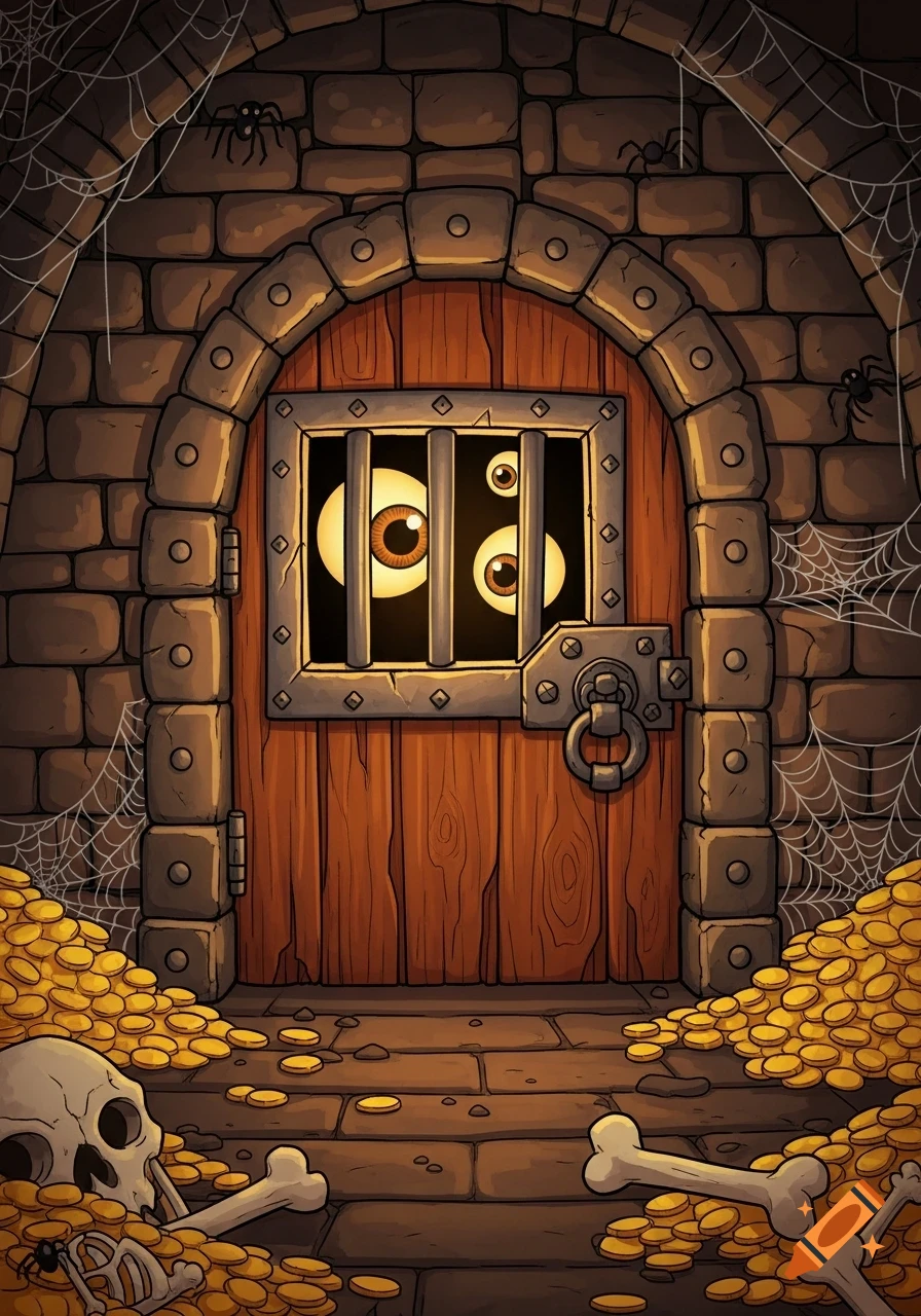 Cartoon dungeon door with glowing monster eyes peeking through bars, surrounded by spider webs, gold coins, and bones.