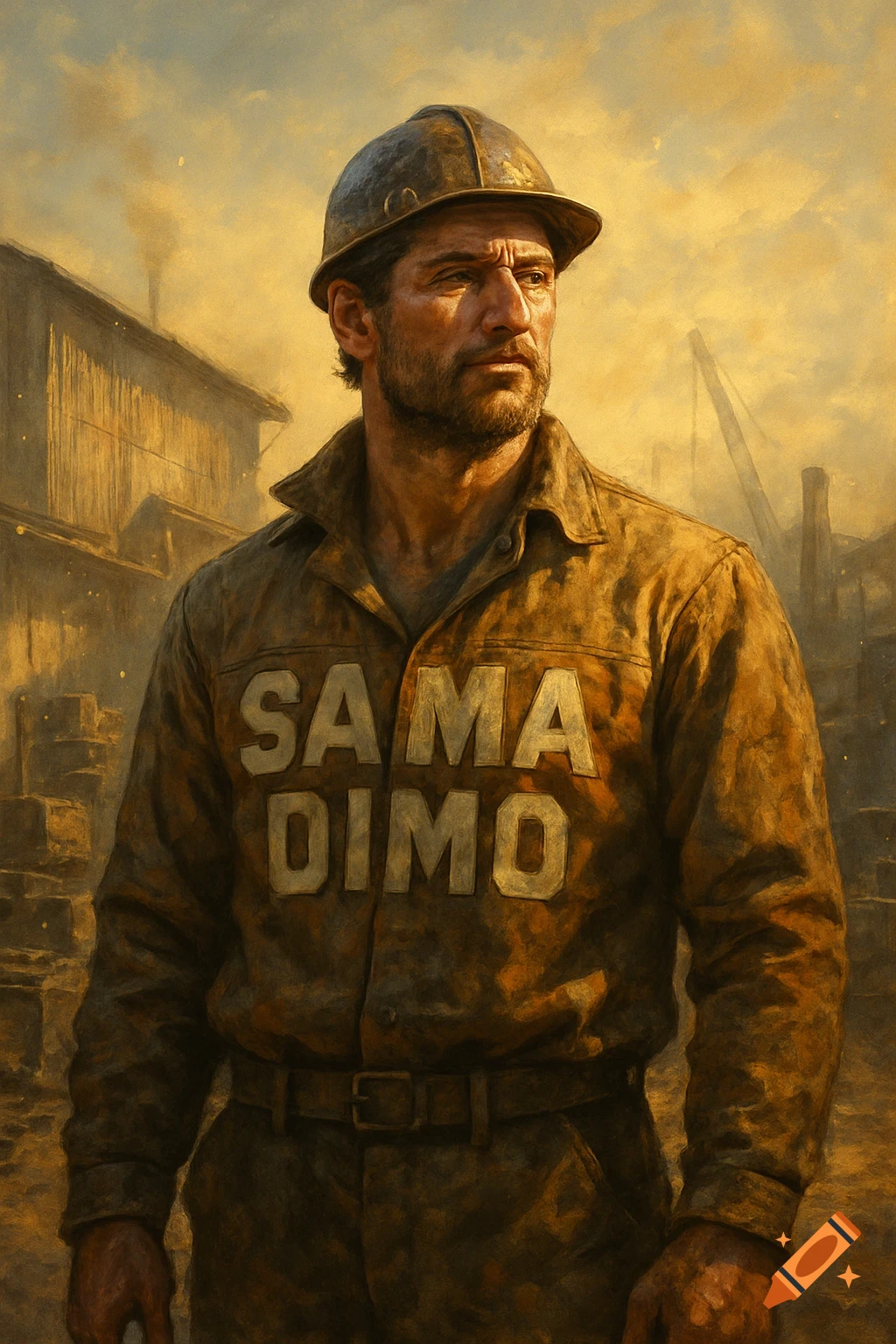 A painting of a rugged man in a hard hat and brown work shirt with 'SAMA DIMO' on it, looking determined at a construction site.