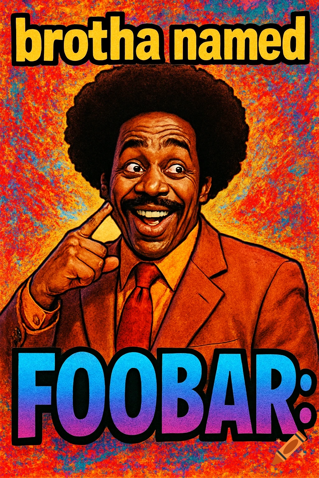 Man with an afro smiles and points, with text "brotha named" above and "FOOBAR:" below, in a vibrant pop art style.