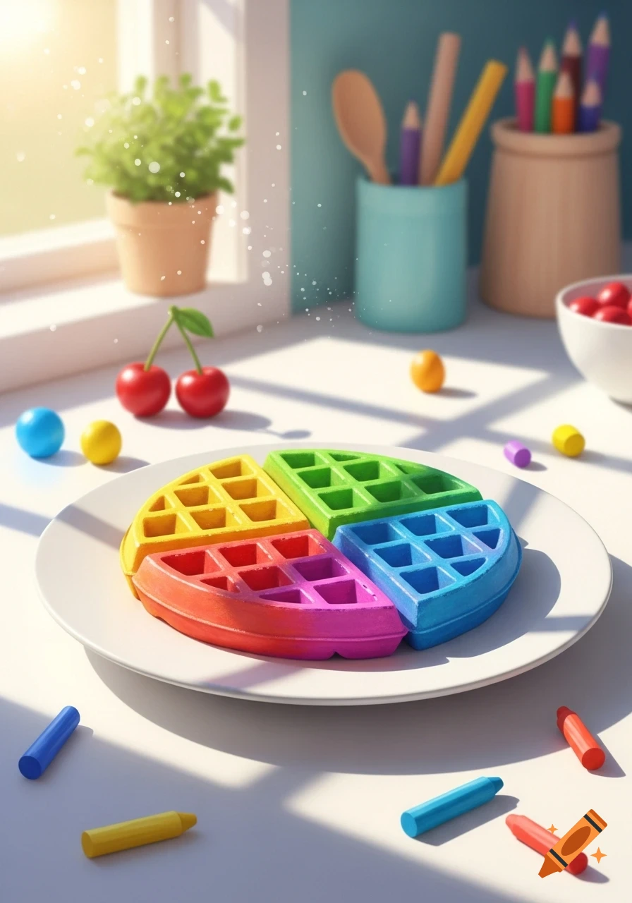 Colorful crayon waffles on a plate, surrounded by scattered crayons and art supplies in a bright kitchen scene.