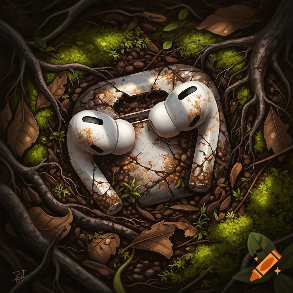 Dirty, cracked white AirPods and case partially buried among brown roots, green moss, and dead leaves in dark soil.