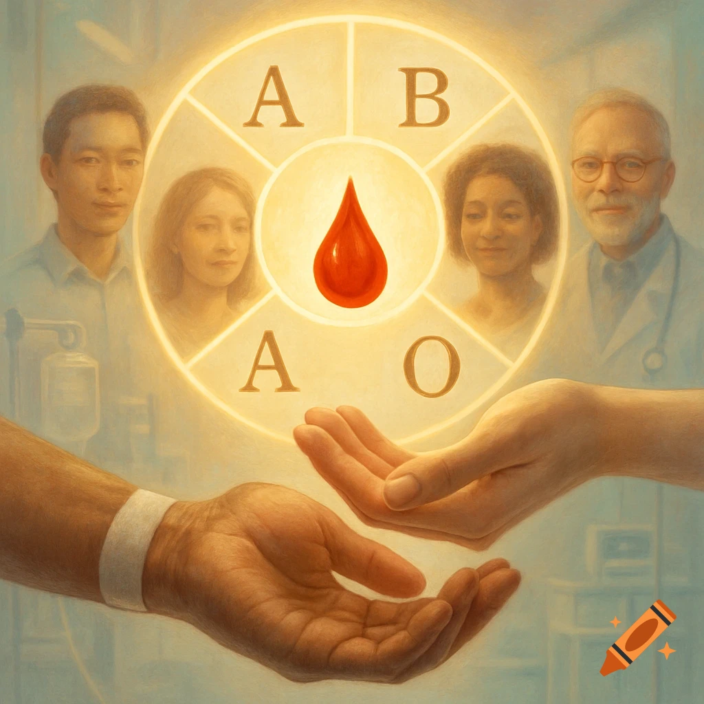 A stylized image featuring a central glowing circle with a blood drop and blood types A, B, O, surrounded by diverse people and hands in a medical setting.