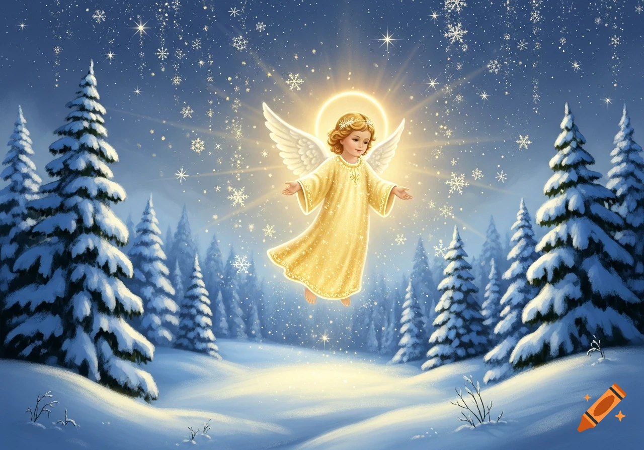 A child angel with golden hair and wings hovers in a magical snowy winter forest with sparkling snowflakes.