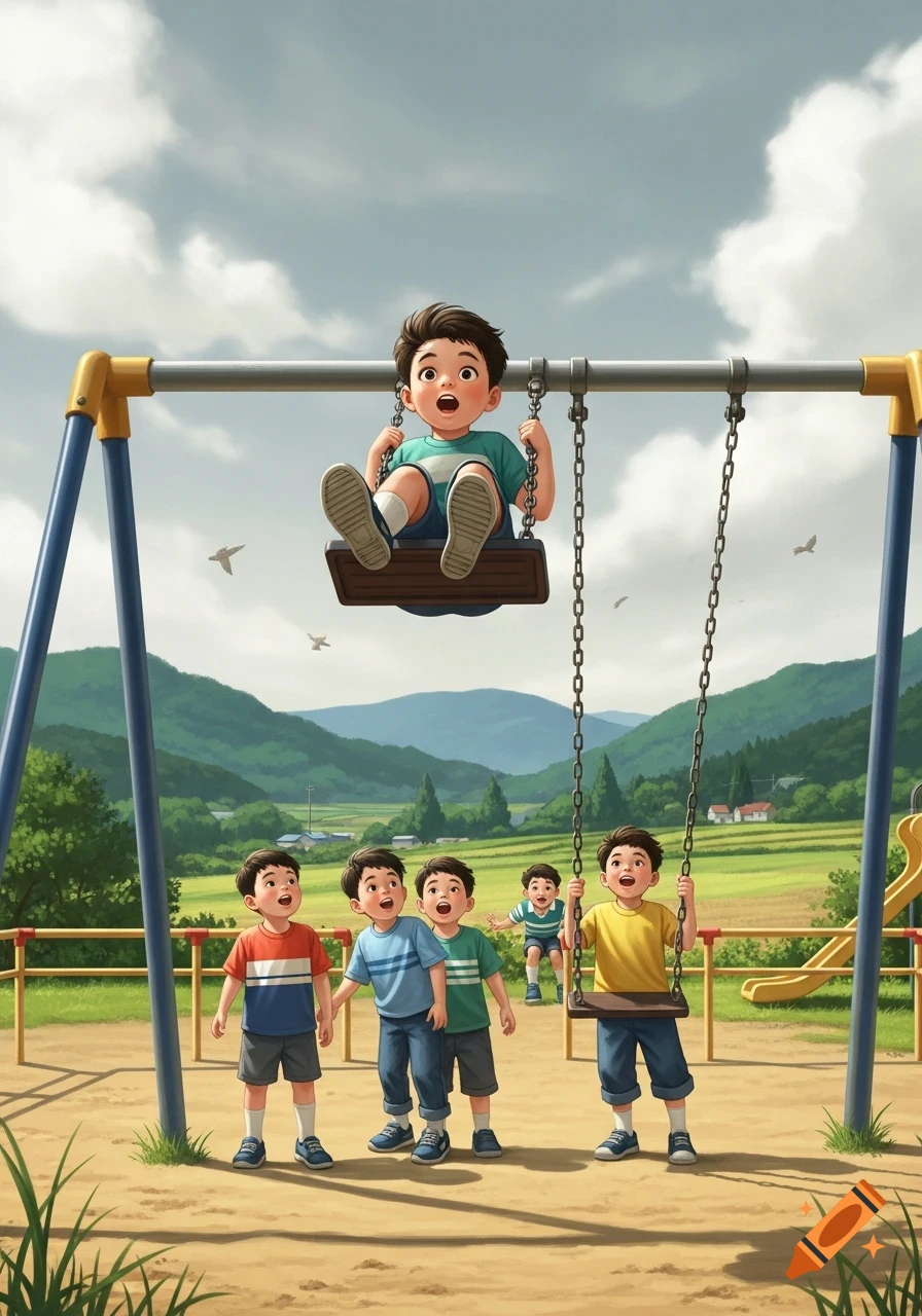 Illustrated scene of boys playing at a rural playground, one boy soaring high on a swing as others watch with surprised expressions.