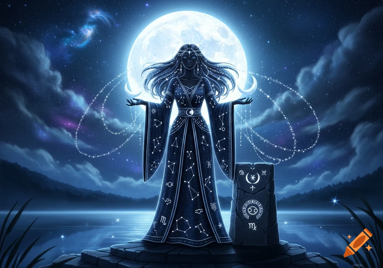 A mystical astrology goddess in a constellation-patterned robe stands on stone steps by a lake under a bright full moon and starry night sky.