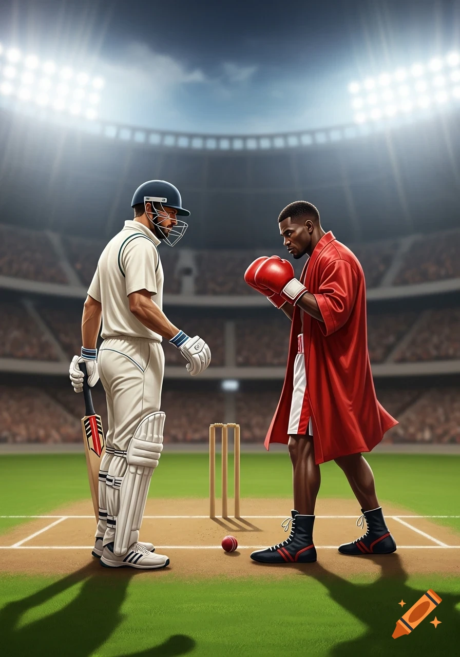 A cricket player and a boxer stand facing each other in a lit stadium, ready for a showdown.