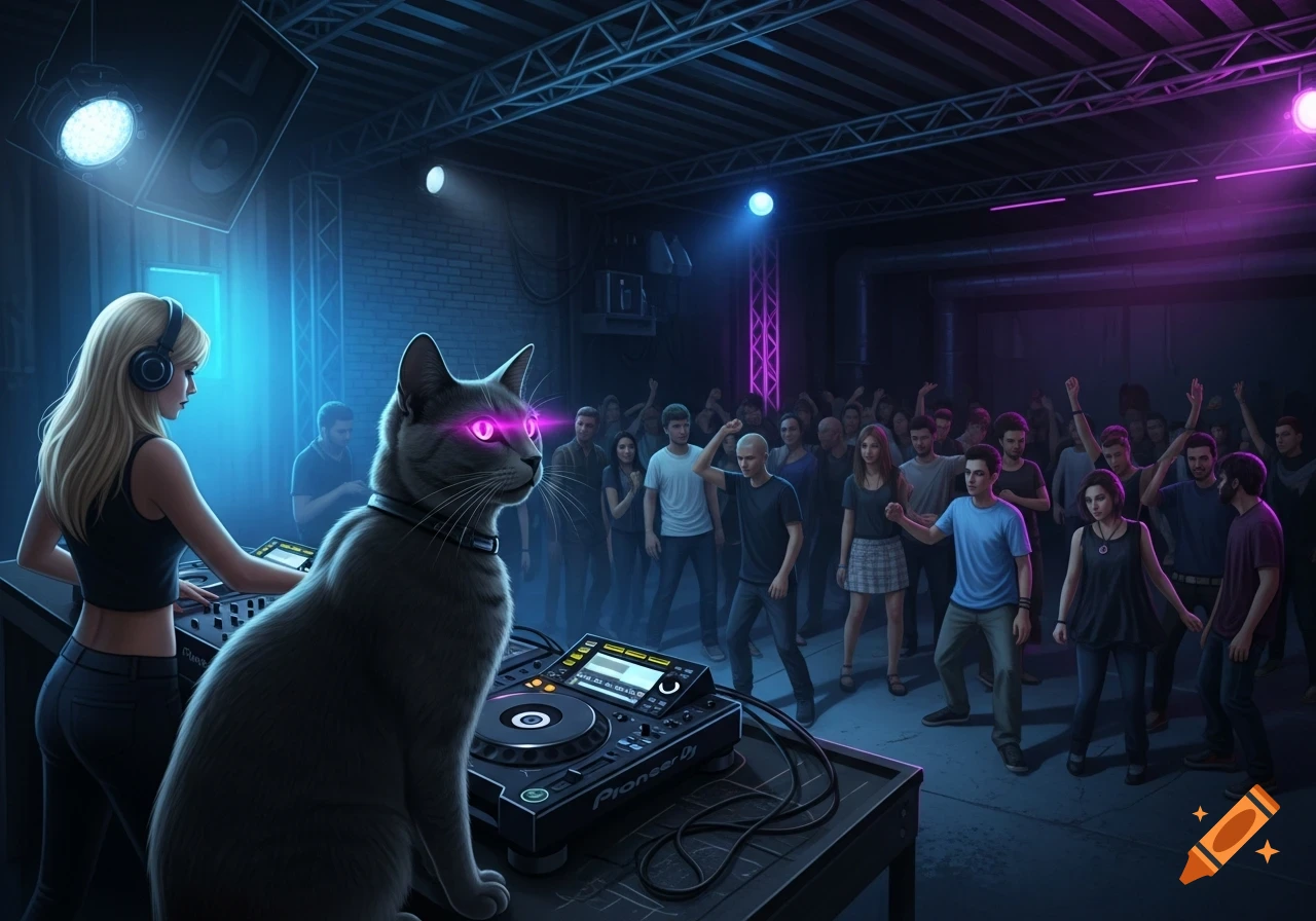 A blonde female DJane and a gray cat with glowing eyes stand at a DJ console, performing for a crowd dancing in a dark club.