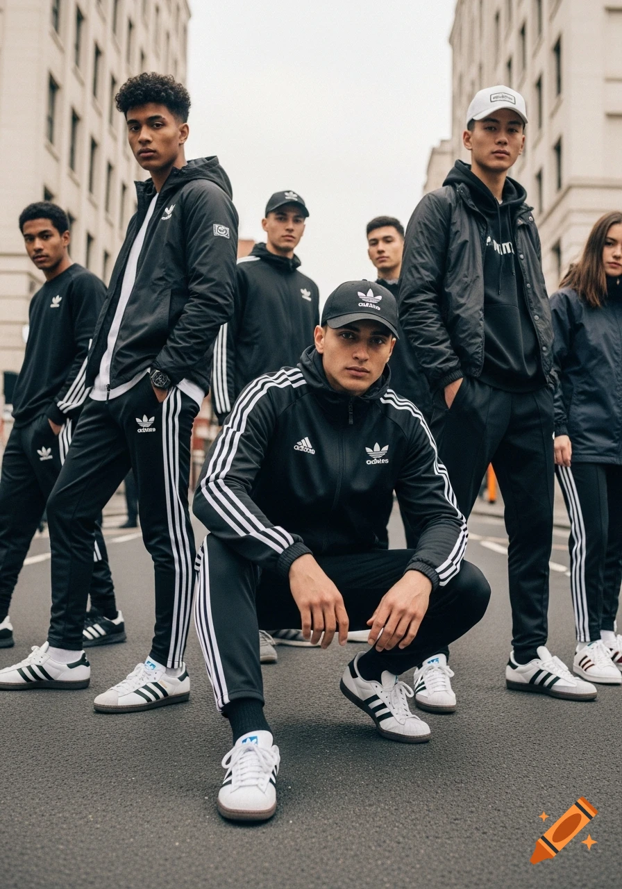 Group of young people in black Adidas tracksuits and sneakers with three stripes on an urban street, photorealistic style.