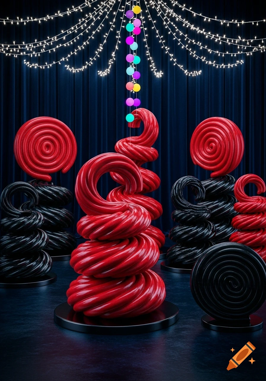Stylized red and black liquorice candies arranged with festive string lights and colorful spheres against a blue backdrop.