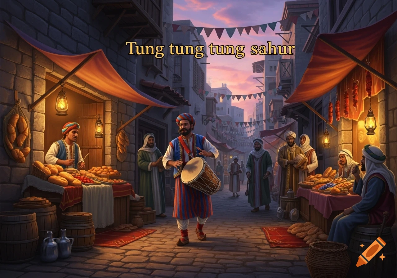 A man plays a drum in a bustling Middle Eastern market street at dusk, with stalls and people. Text 'Tung tung tung sahur' overhead.