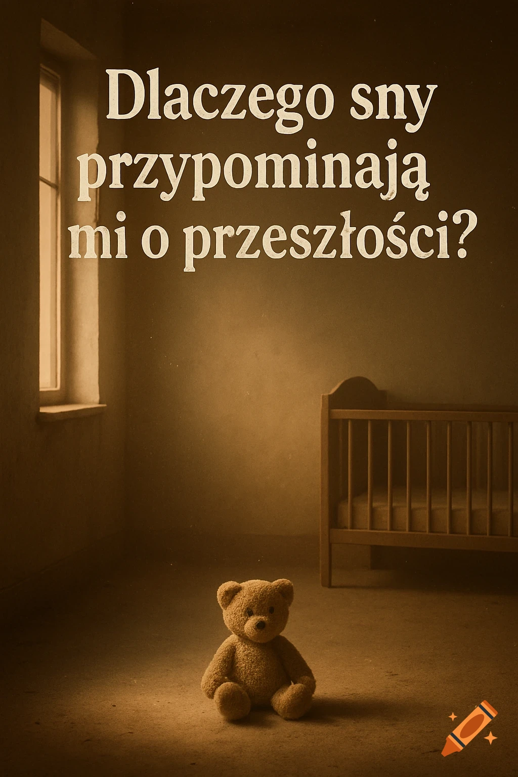 A sepia-toned image of a teddy bear on the floor of a minimalist, empty room with a crib and the Polish text 'Dlaczego sny przypominają mi o przeszłości?'