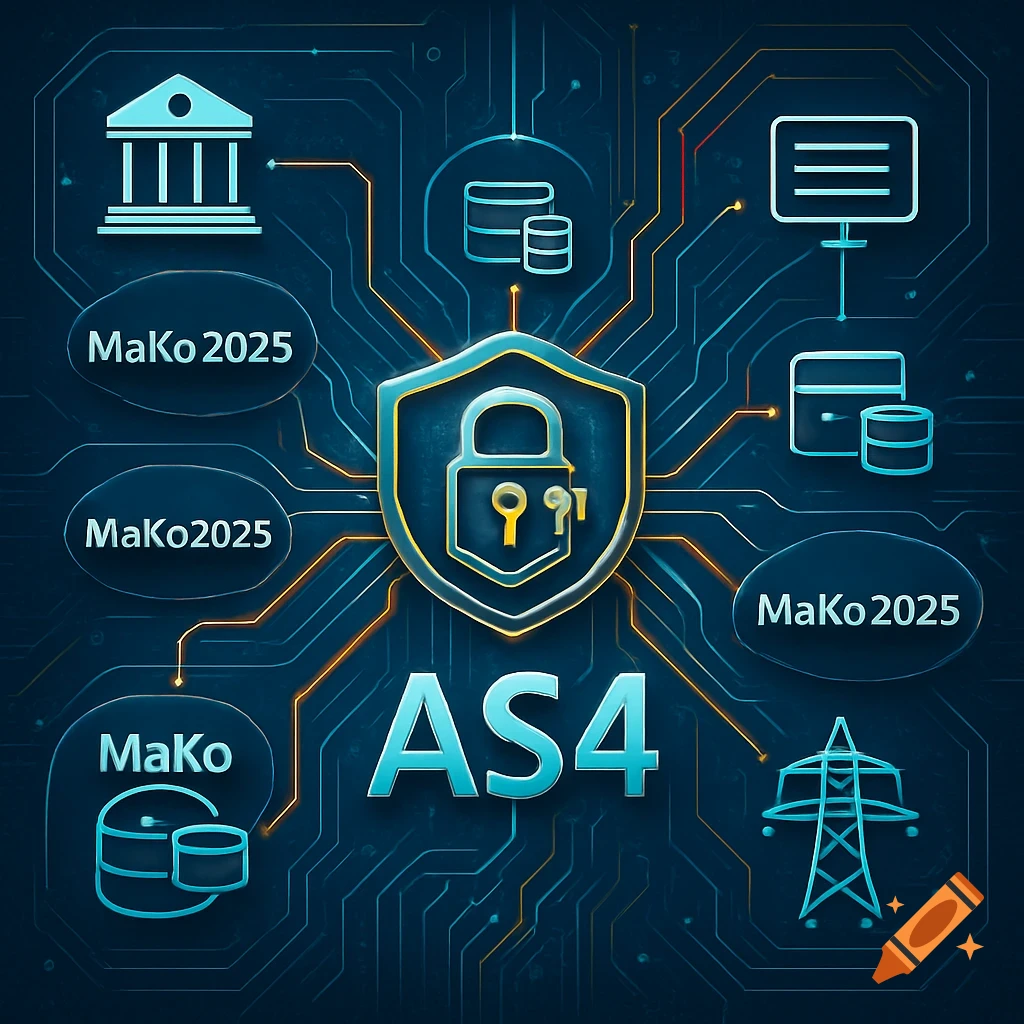 Digital diagram of a cybersecurity network, featuring a central shield with a padlock, connected to icons of a bank, databases, and an energy pylon, on a circuit board background, with text 'AS4' and 'MaKo2025'.