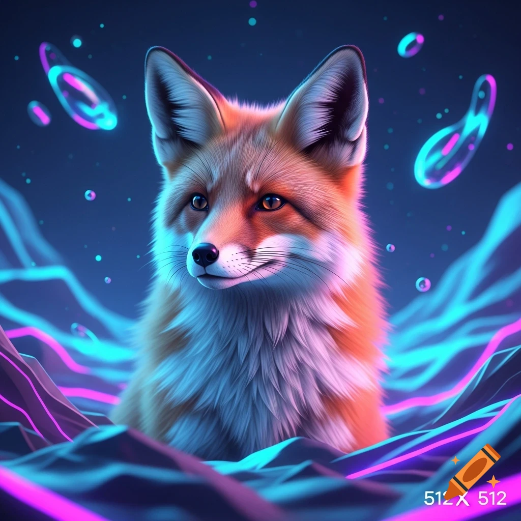 A realistic fox with orange and white fur sits in a glowing neon blue and purple futuristic landscape with sparkling lights.