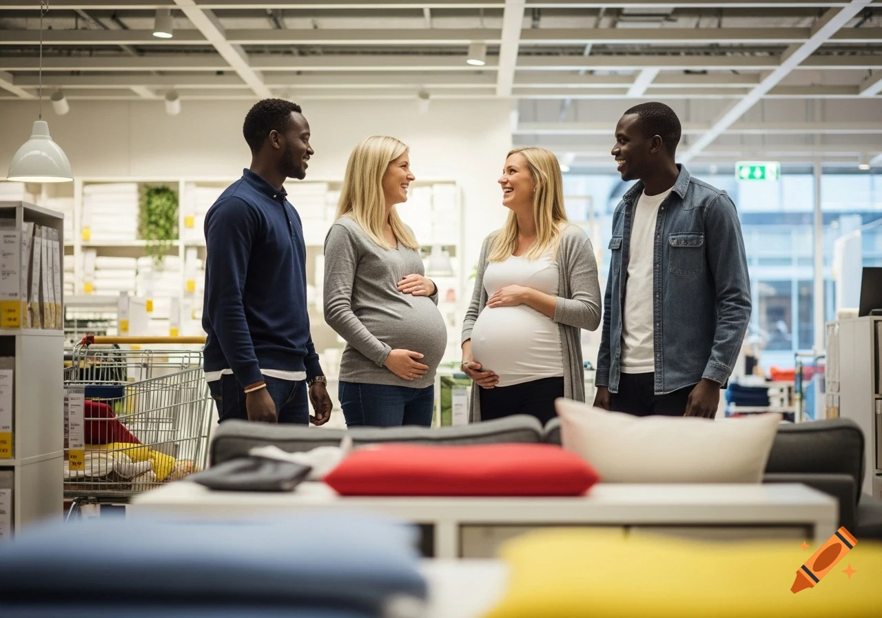 Two pregnant women and their partners smiling and chatting in a brightly lit IKEA store, surrounded by shelves and shopping carts.