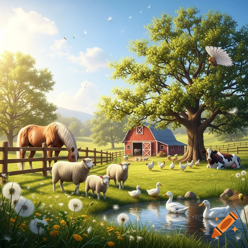 An idyllic farm scene with a red barn, pond, a horse, sheep, cow, chickens, and ducks in a sunny green field.