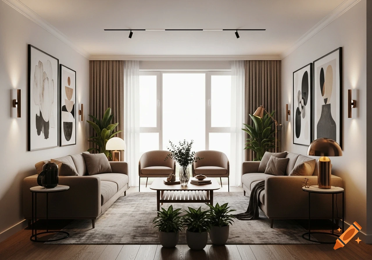 A modern and cozy living room with two sofas, two armchairs, a coffee table, plants, and abstract art.