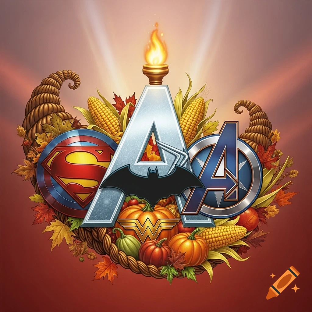 A stylized Thanksgiving logo featuring a large 'A' with a torch, surrounded by Superman, Batman, Wonder Woman, and Avengers emblems, alongside cornucopias, pumpkins, corn, and autumn leaves.