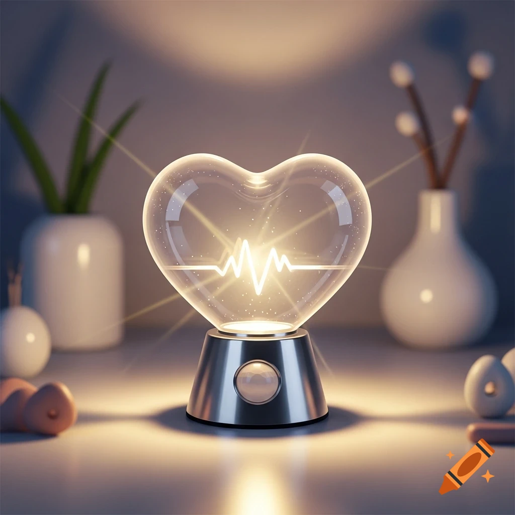 A glowing heart-shaped lamp with a heartbeat line inside, on a metallic base, with blurred plants in the background.