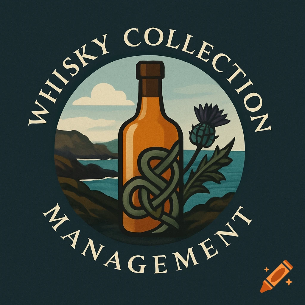 A logo in an illustrated style featuring a whisky bottle and a thistle against a Scottish coastline, encircled by the text 'WHISKY COLLECTION MANAGEMENT'.