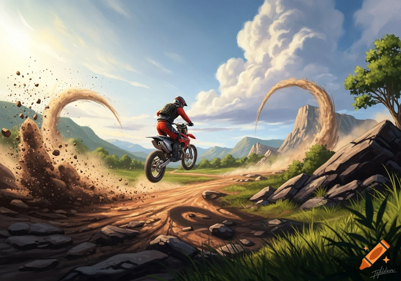 A vibrant digital illustration shows a dirt biker mid-air, kicking up dirt on a dynamic mountain track under a sunny sky.