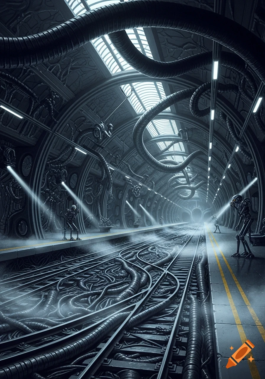 A dark, biomechanical train station in H.R. Giger's style, with skeletal figures, tangled cables on tracks, and pipes overhead.