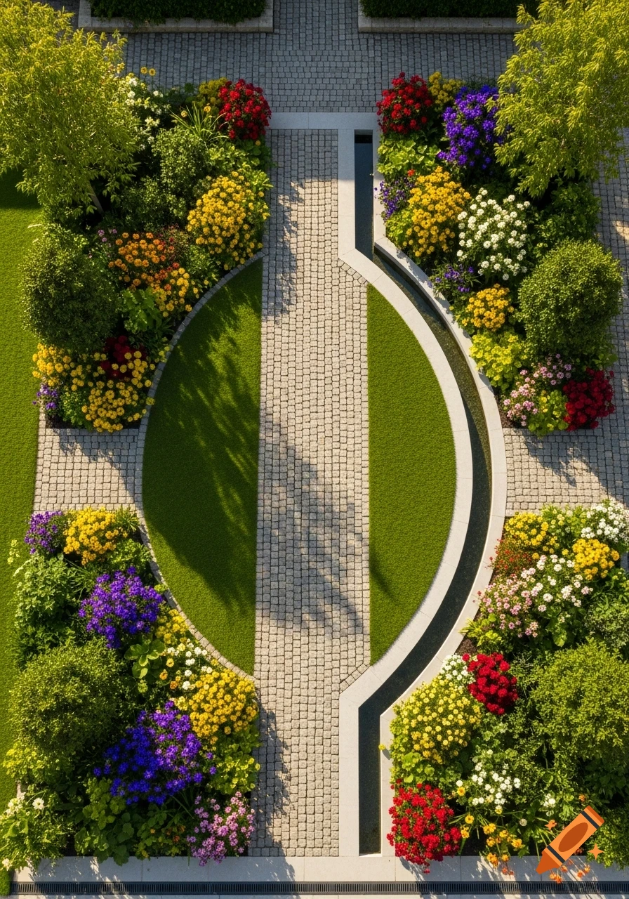 Aerial view of a formal garden with a central paved path, two circular grassy sections, colorful flower beds, and a winding water channel.