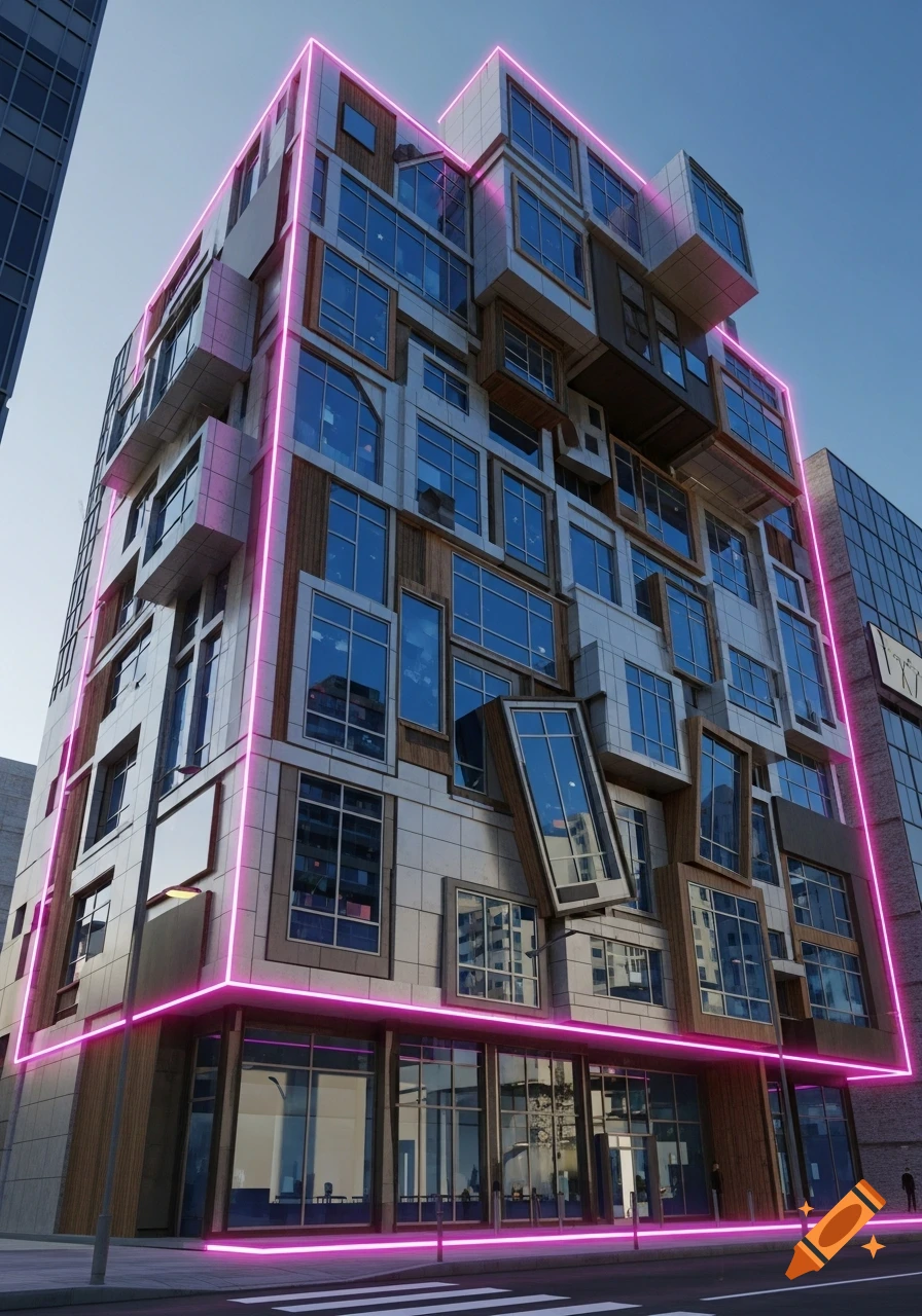 A modern, fragmented building with many windows and protruding sections, illuminated by bright pink neon lights tracing its edges, against a clear sky.