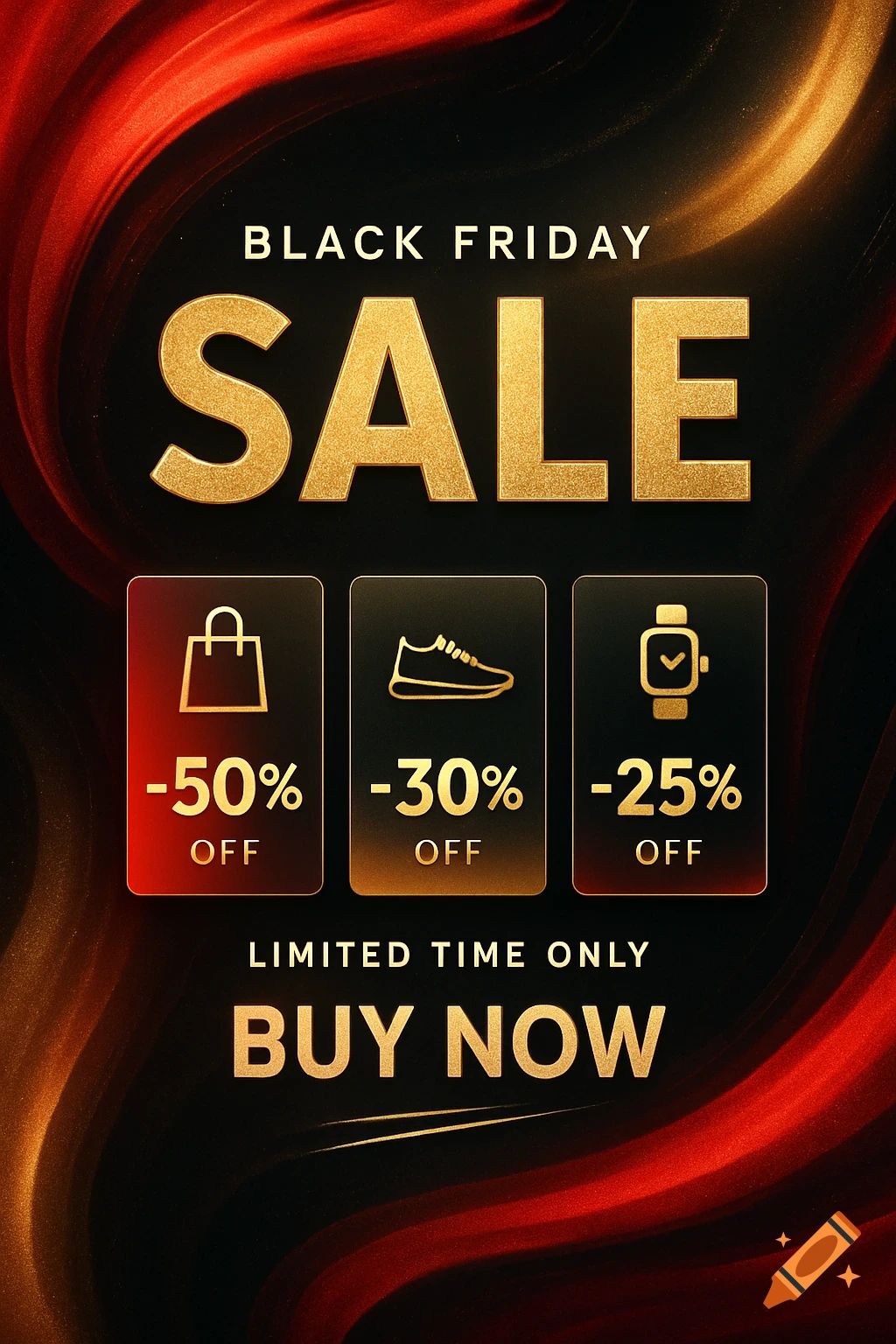 Black Friday Sale ad with gold text on red/black background. Discounts up to 50% for shopping items, shoes, and smartwatches. Call to action 'Buy Now'.