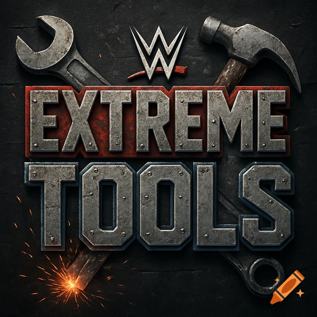 A bold, industrial-style WWE logo for 'Extreme Tools' with metallic lettering, wrenches, a hammer, and welding sparks on a dark background.
