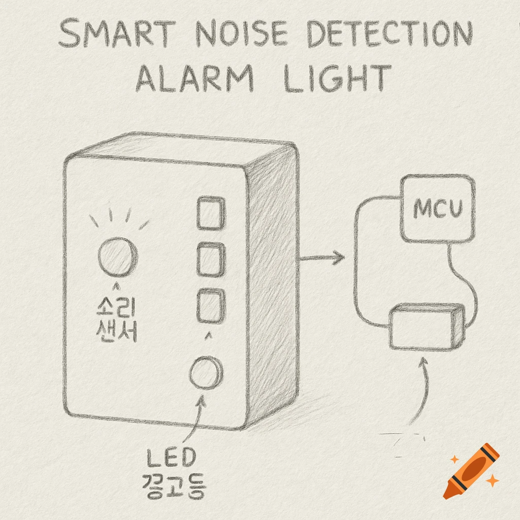 A hand-drawn pencil sketch of a 'Smart Noise Detection Alarm Light' blueprint, showing the device, MCU, and labeled components.