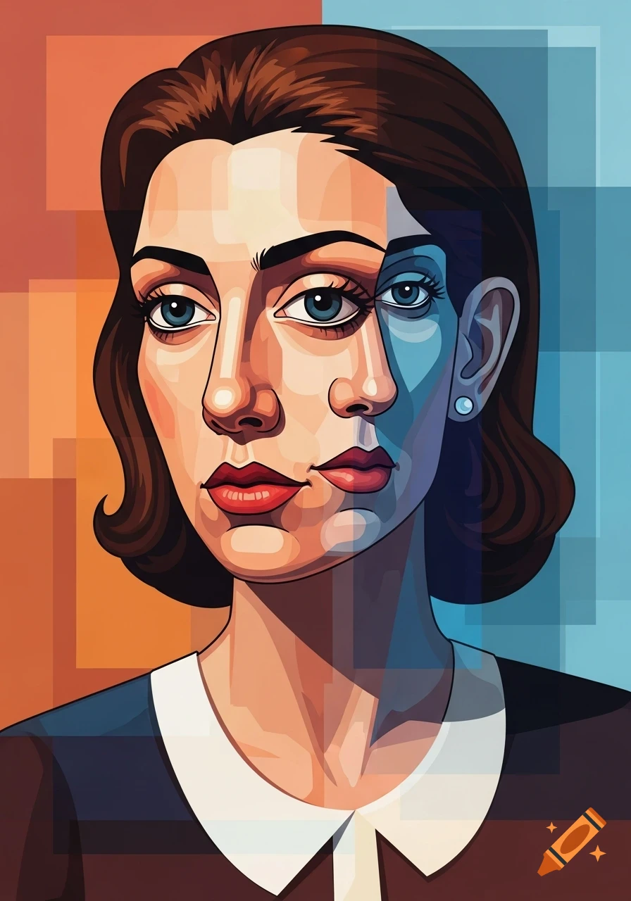 A cubist-style portrait of a woman with a split face, one side warm-toned, the other cool-toned, against a geometric background.