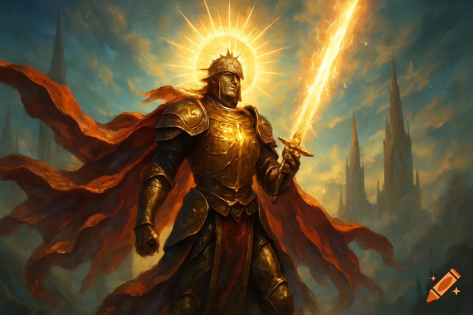 A knight in golden armor and red cape holds a glowing sword under a sun halo, with fantasy castle spires in the background.
