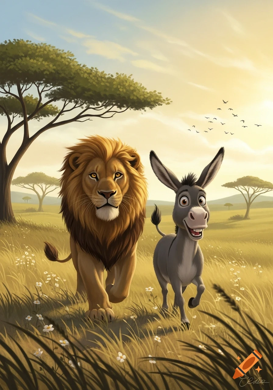 Cartoon lion and donkey walk side-by-side through a sunny savanna with trees, birds, and grass.
