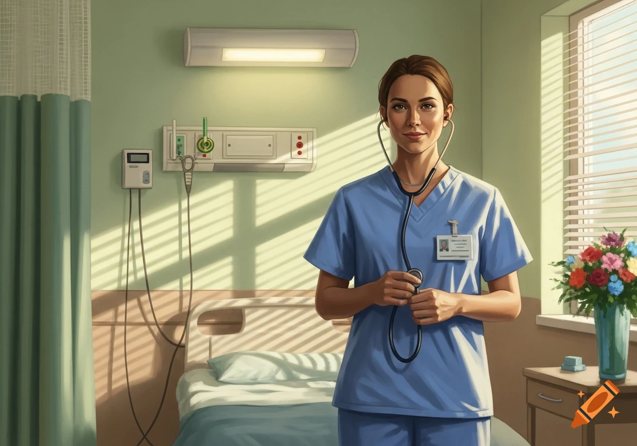 A female nurse in blue scrubs holds a stethoscope in a sunlit hospital room.