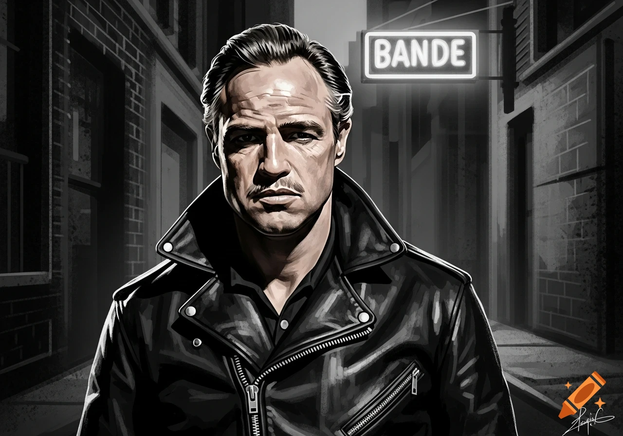 Stylized portrait of a man resembling Marlon Brando in a leather jacket, standing in a dark city alley with a neon sign "BANDE".