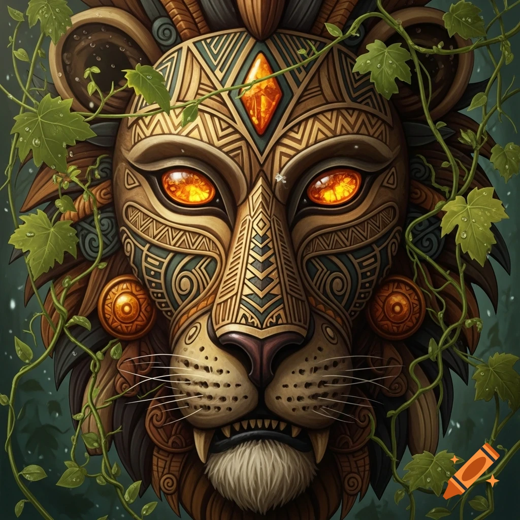 Detailed golden tribal lion mask with intricate patterns, glowing orange eyes, and green vines against a dark background.