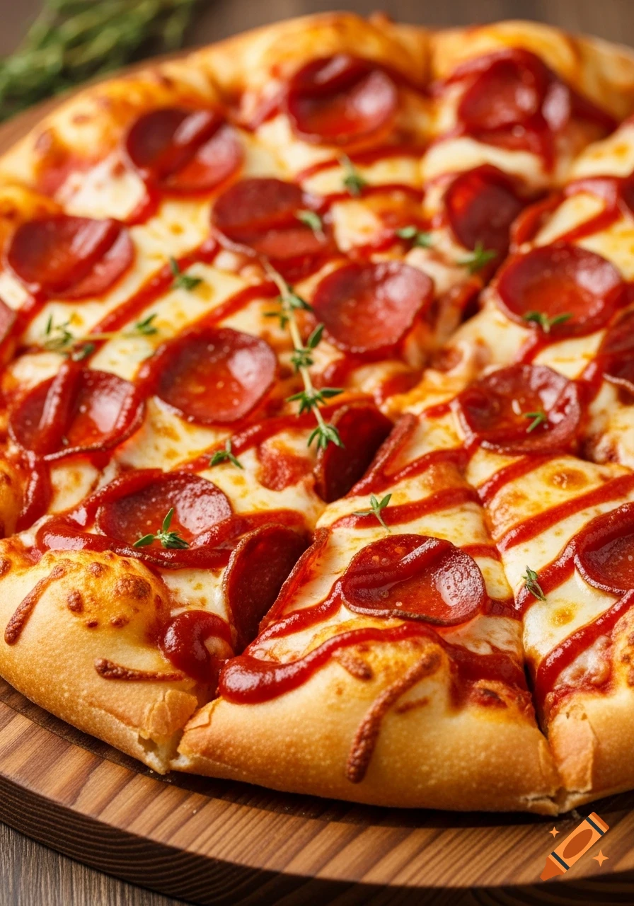 Close-up of a delicious pepperoni pizza with melted mozzarella, drizzled red sauce, and thyme, on a wooden tray.