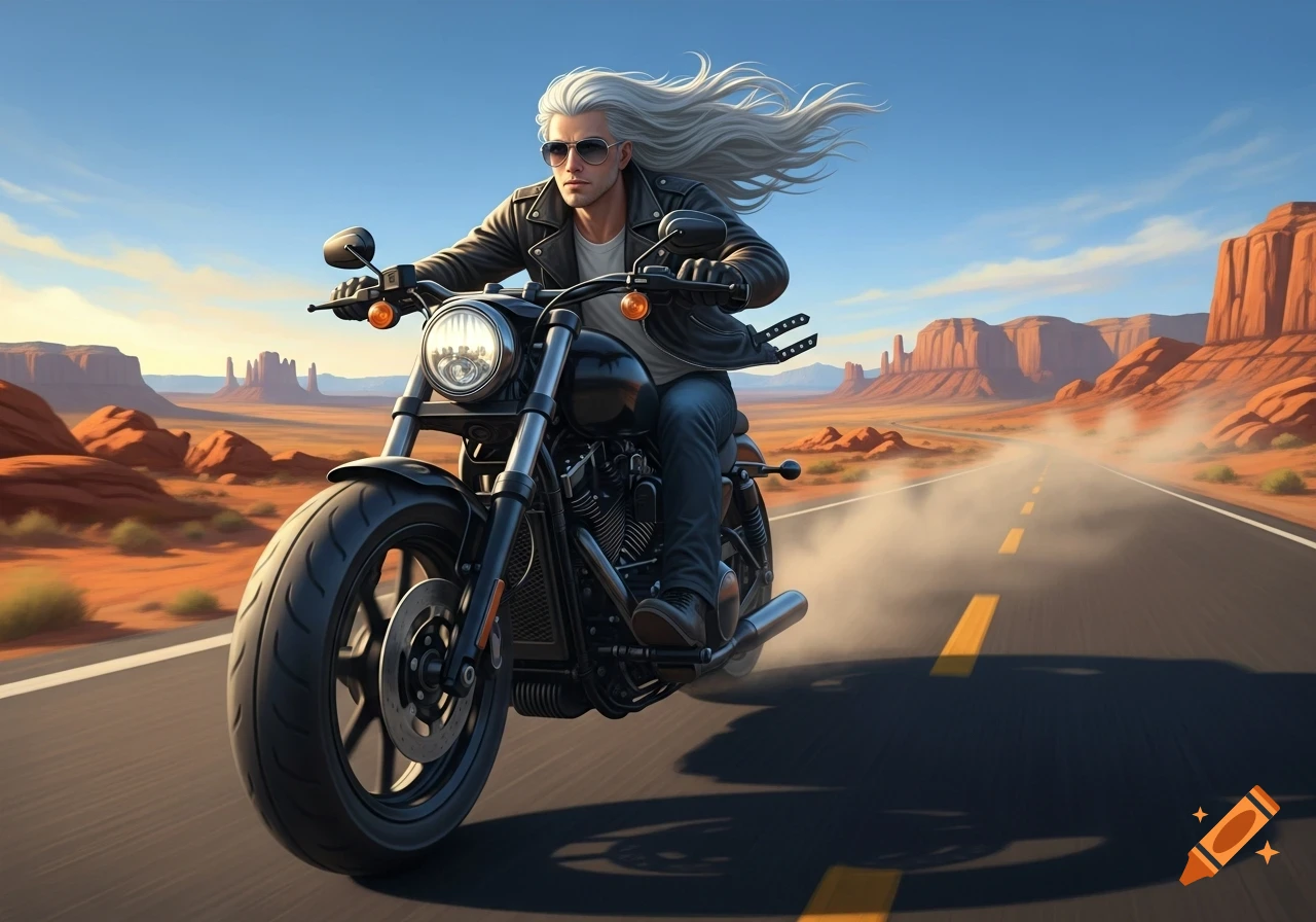 A man with long silver hair rides a motorcycle through a desert landscape.