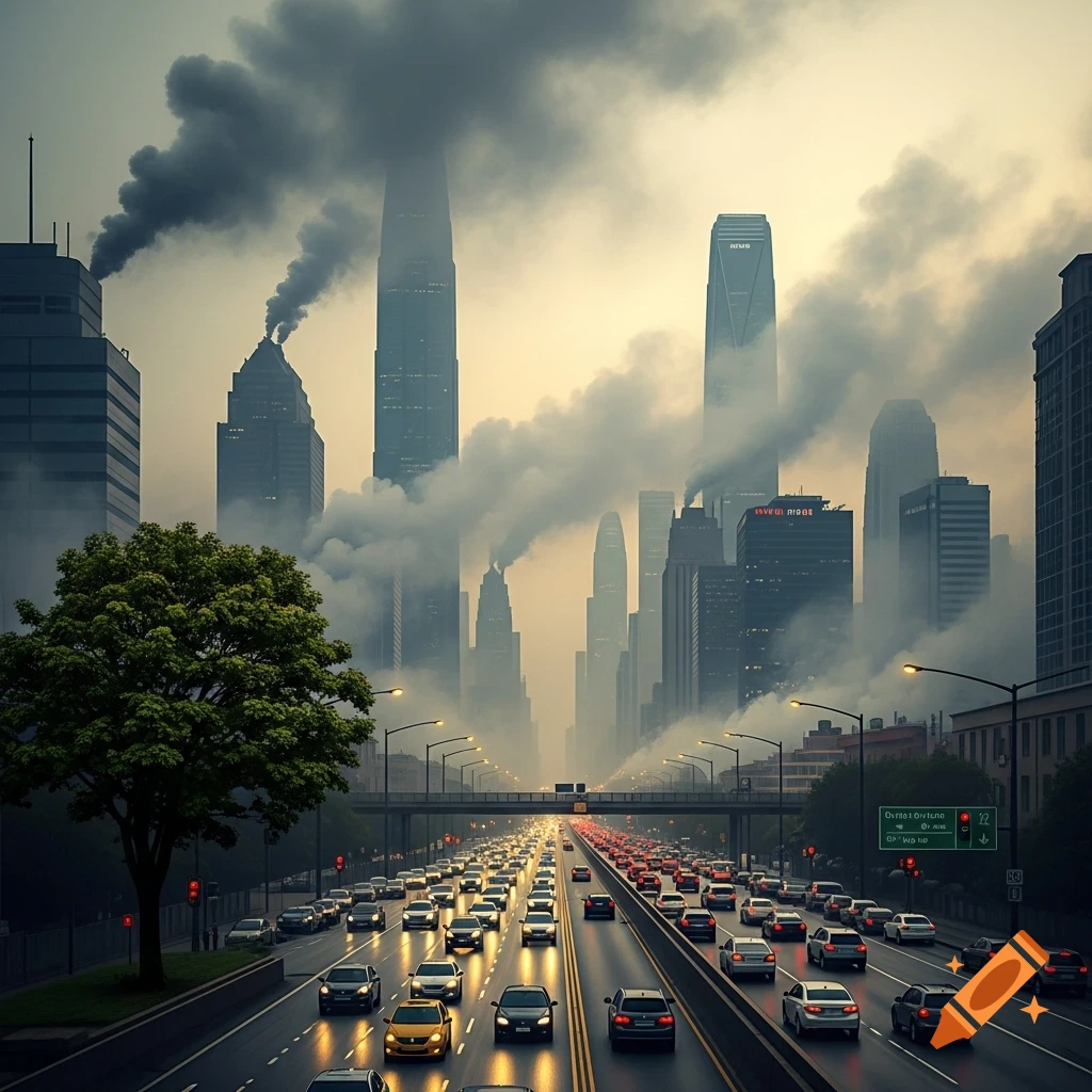 Busy highway traffic below towering city skyscrapers shrouded in heavy gray industrial smog, depicting air pollution.