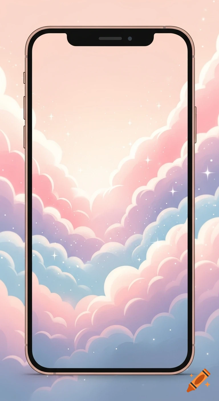 A vertical smartphone displaying a dreamy pastel wallpaper of pink, purple, and blue clouds with sparkles.