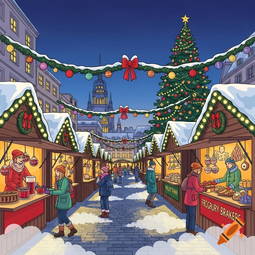 A colorful vector drawing of a European Christmas market at night, featuring snow-covered stalls, decorated trees, and people strolling.