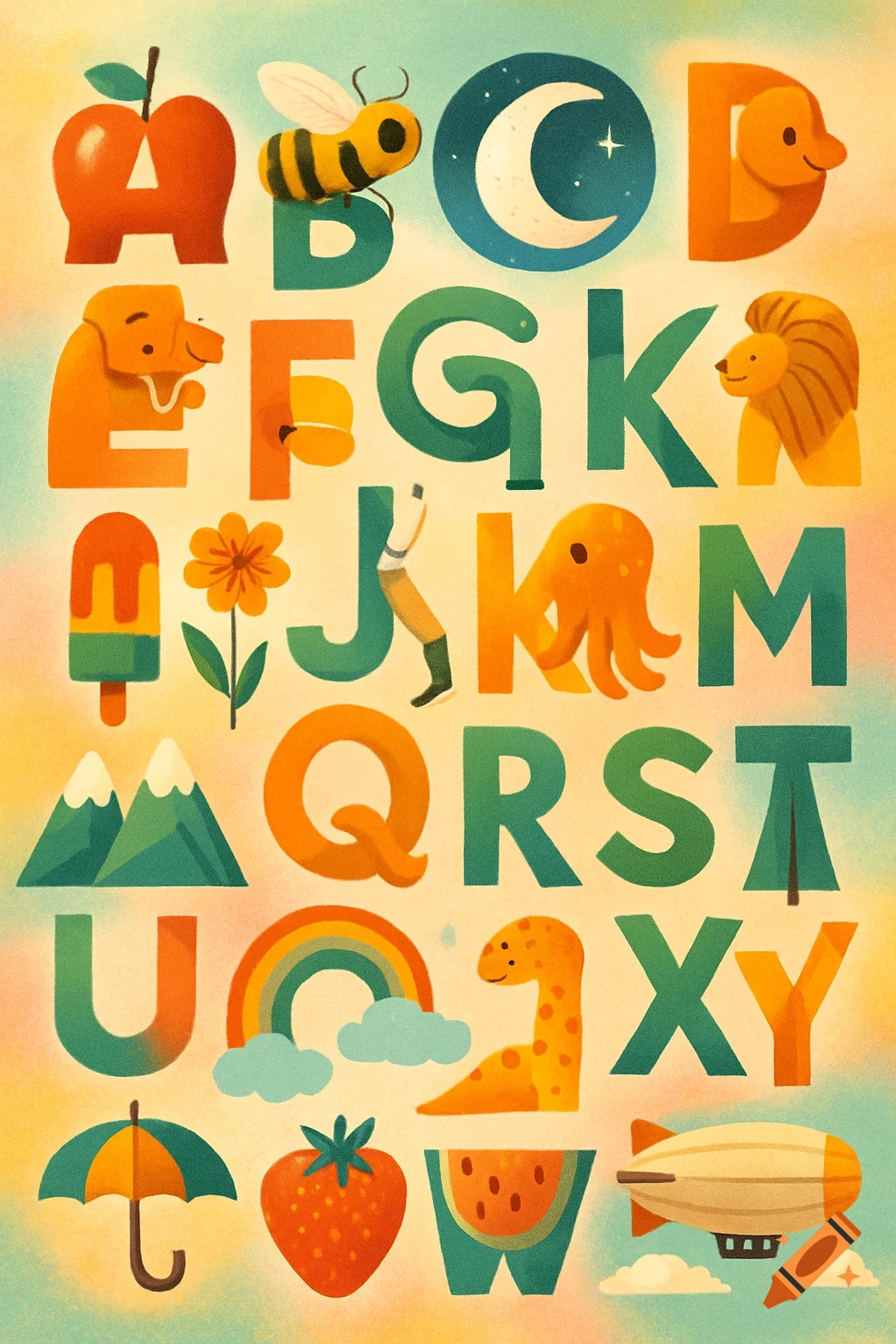 A whimsical, colorful illustration of the English alphabet, with each letter creatively formed by or featuring an object starting with it.