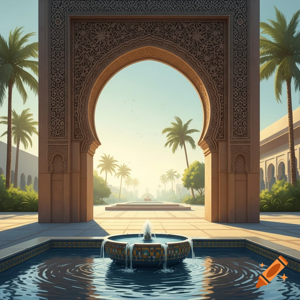 A serene landscape featuring an ornate archway with intricate patterns, a tiled fountain in the foreground, and palm trees under a sunny sky.