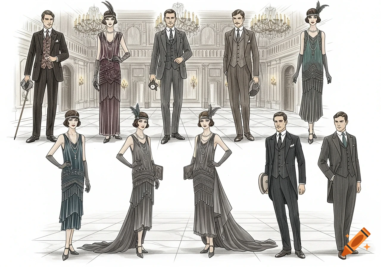 Illustrated men and women in 1920s flapper and formal attire posing in a grand ballroom setting.
