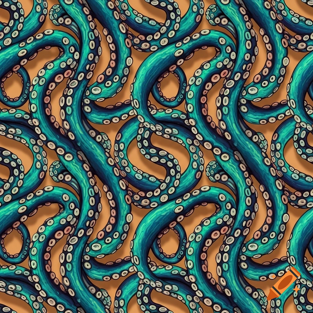 A seamless repeating pattern of teal-blue octopus tentacles with white and pink suckers against an orange background.