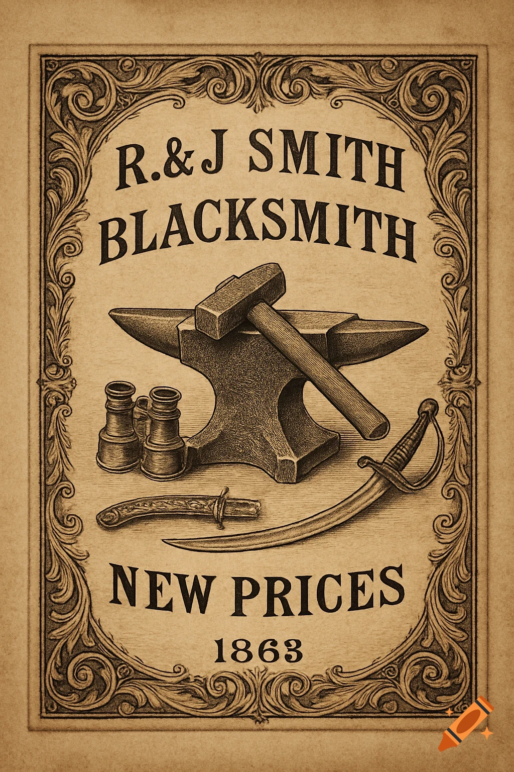 Vintage engraving of an R.&J Smith Blacksmith flyer with anvil, hammer, saber, binoculars, and ornate borders, announcing new prices for 1863.